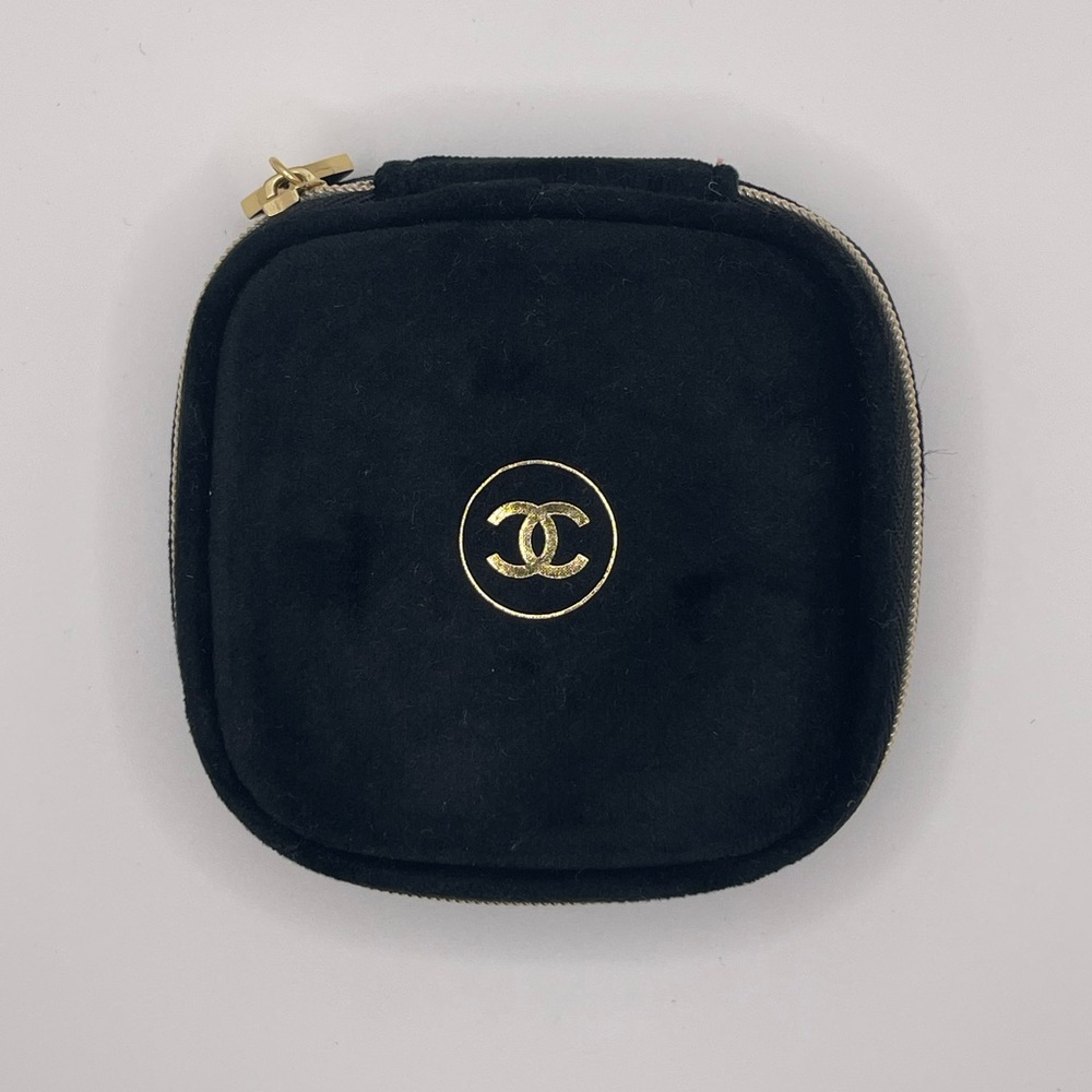 CHANEL - Black Velvet Compact Zip Case with Gold Logo